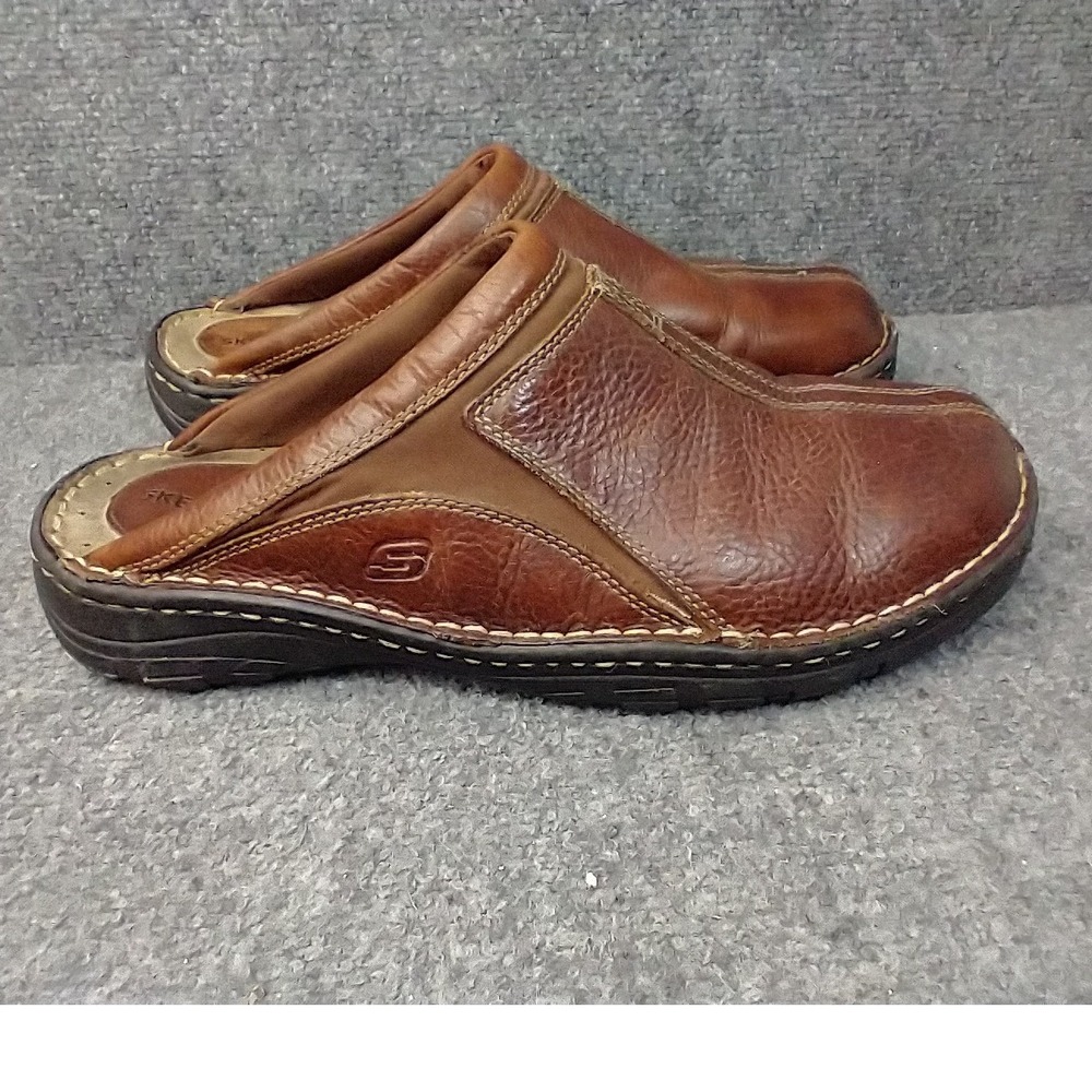 Skechers Clogs Mens Size 12 Brown Leather Slip On Mules SN 60404 RDBR